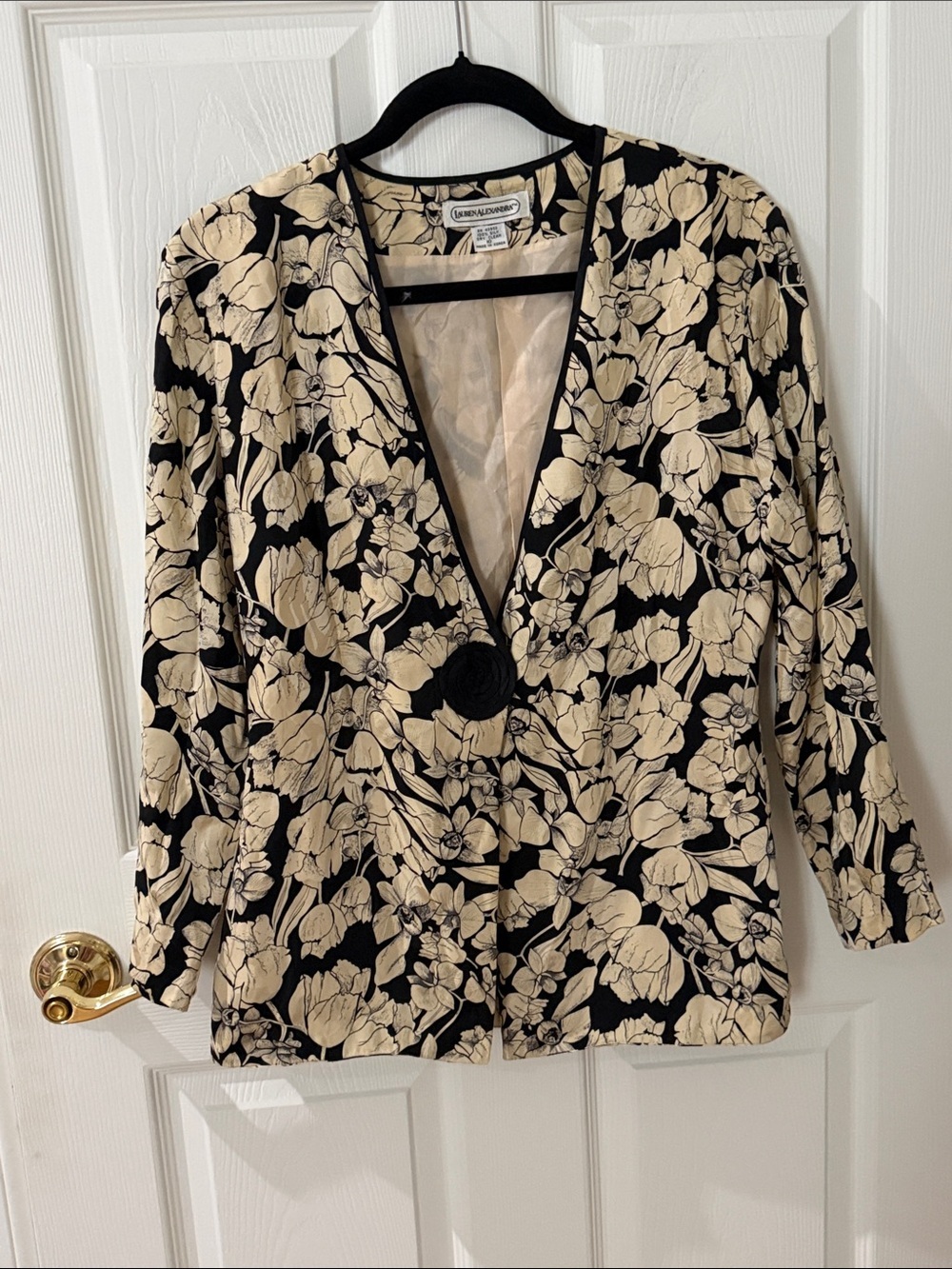 Vintage Lauren Alexandra SILK Black and Cream Floral Single-Button Blazer